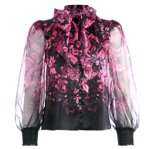 NEW! Alice + olivia BRENTLEY TIE NECK BLOUSON SLEEVE BLOUSE - Picture 2 of 12